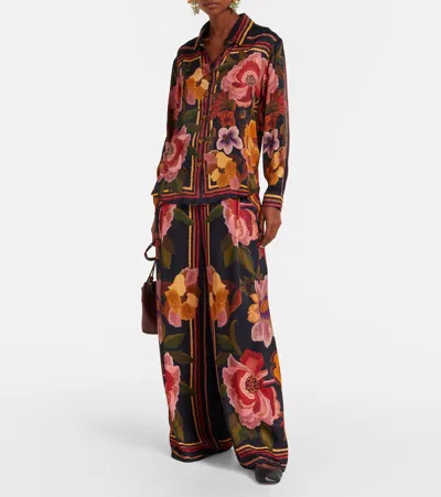 Farm Rio Chenille Flowers Long-sleeve Buttondown Blouse In Brown