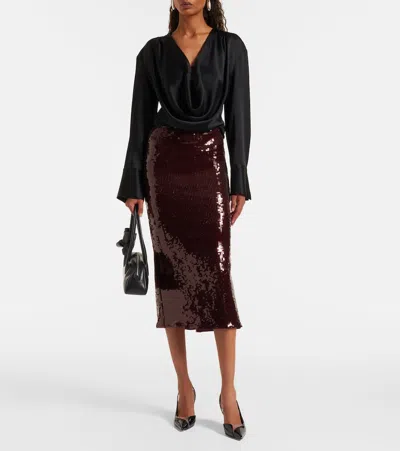 Rotate Birger Christensen Burgundy Midi Skirt With Sequined Finish In Brown