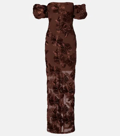 Rotate Birger Christensen Brown Long Dress With Removable Short Sleeves And All-over Floral Embroidery In Tech Fabric Stretch  In Animal Print