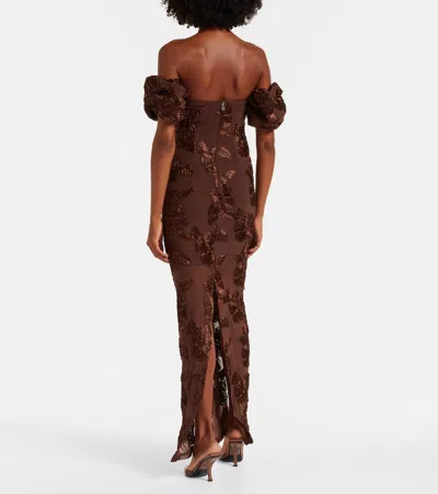 Rotate Birger Christensen Brown Long Dress With Removable Short Sleeves And All-over Floral Embroidery In Tech Fabric Stretch  In Animal Print