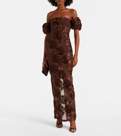 Rotate Birger Christensen Brown Long Dress With Removable Short Sleeves And All-over Floral Embroidery In Tech Fabric Stretch  In Animal Print