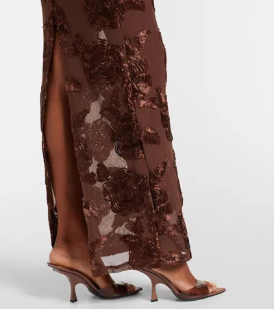 Rotate Birger Christensen Brown Long Dress With Removable Short Sleeves And All-over Floral Embroidery In Tech Fabric Stretch  In Animal Print