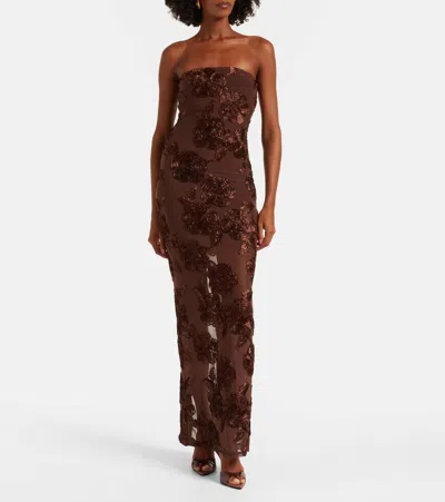 Rotate Birger Christensen Brown Long Dress With Removable Short Sleeves And All-over Floral Embroidery In Tech Fabric Stretch  In Animal Print