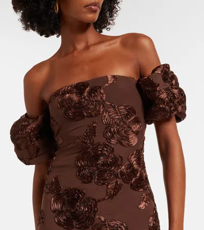 Rotate Birger Christensen Brown Long Dress With Removable Short Sleeves And All-over Floral Embroidery In Tech Fabric Stretch  In Animal Print