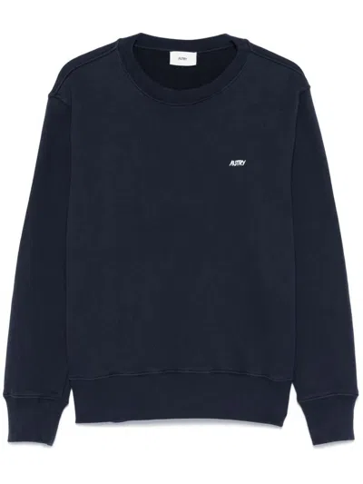 Autry Blue Cotton Crewneck Sweatshirt With Logo Print In Blue