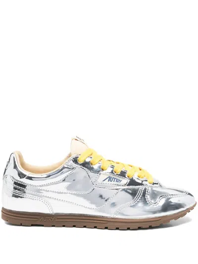 Autry Front Lace Sneakers In Bright Yellow And Shiny Silver In Multi