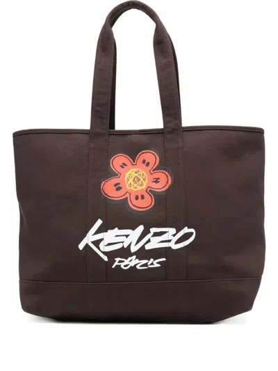 Kenzo Brown Cotton Shopping Bag With Flower Print And Logo  In Brown