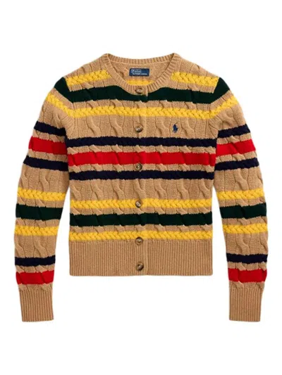 Polo Ralph Lauren Striped Cable Knit Cardigan With Ribbed Cuffs And Hem In Brown