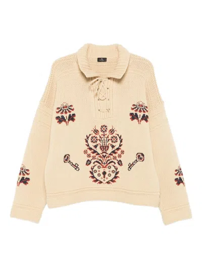Etro Lace-up Embroidered Sweater In White