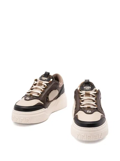 Fendi Force Leather Sneakers With Ff Jacquard And Mesh Details Shoes In Brown