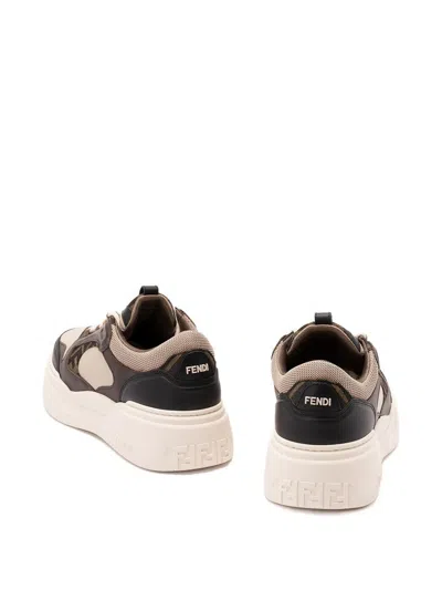 Fendi Force Leather Sneakers With Ff Jacquard And Mesh Details Shoes In Brown