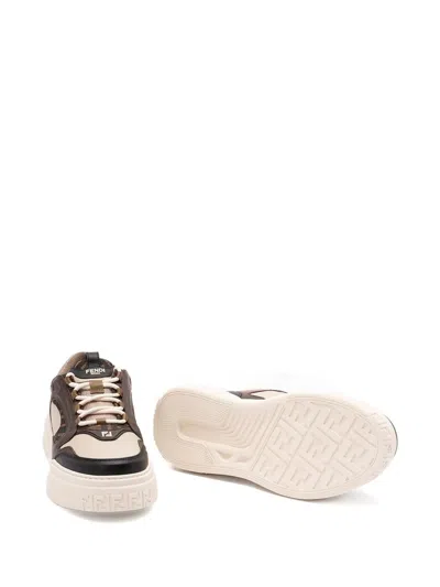 Fendi Force Leather Sneakers With Ff Jacquard And Mesh Details Shoes In Brown