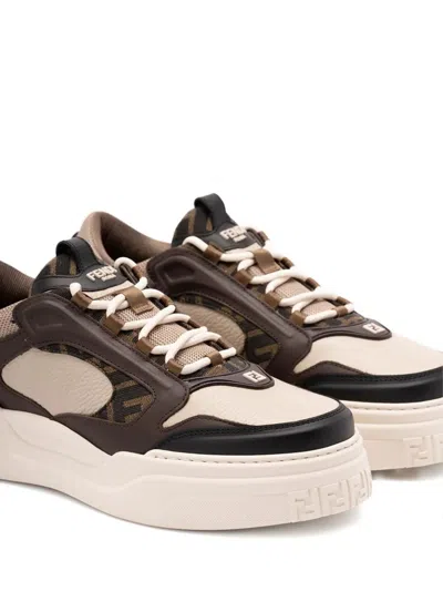 Fendi Force Leather Sneakers With Ff Jacquard And Mesh Details Shoes In Brown