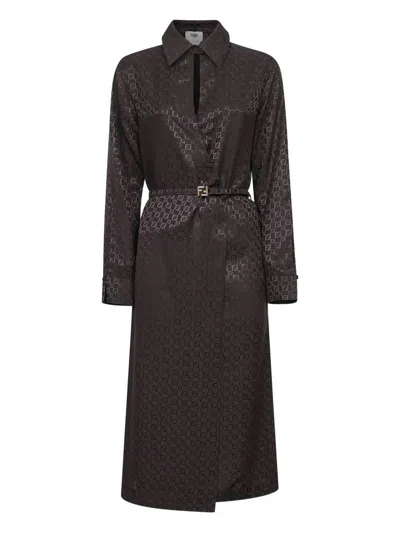 Fendi Silk Chess Ff Long Sleeve Midi Dress Dresses Brown In Brown
