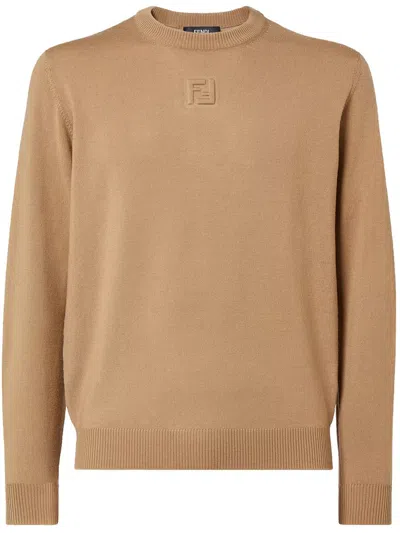 Fendi Embossed-logo Wool Sweater In Brown