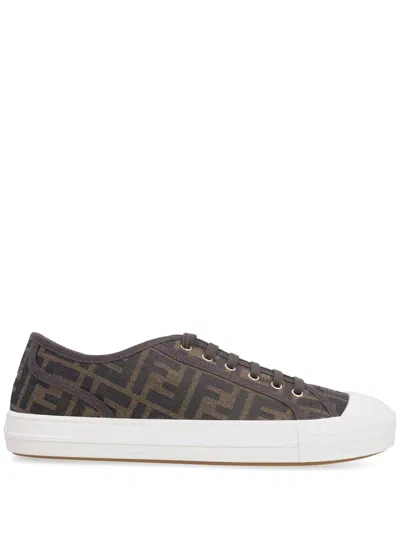 Fendi Low-top Sneakers With Monogram Pattern And Gold-tone Accents In Brown