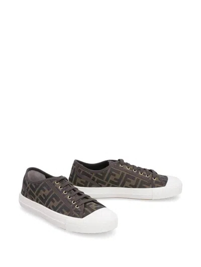 Fendi Low-top Sneakers With Monogram Pattern And Gold-tone Accents In Brown