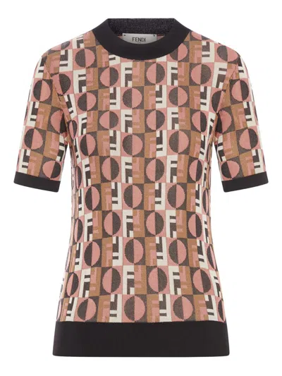 Fendi Three-dimensional Jacquard Sweater With Geometric Pattern In Brown