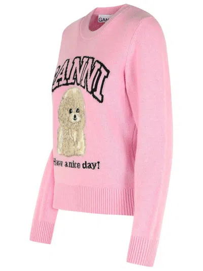 Ganni Poodle Graphic Sweater In Pink Wool Blend In Pink