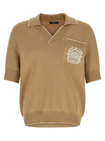 Balmain Stemma Embroidery Polo Shirt In Nude