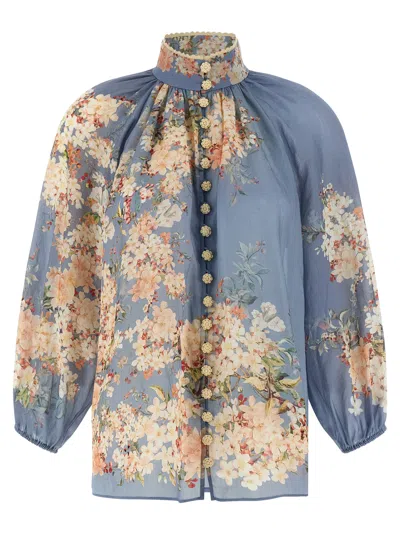 Zimmermann Cascadian Lace-trimmed Floral-print Ramie Blouse In Blue