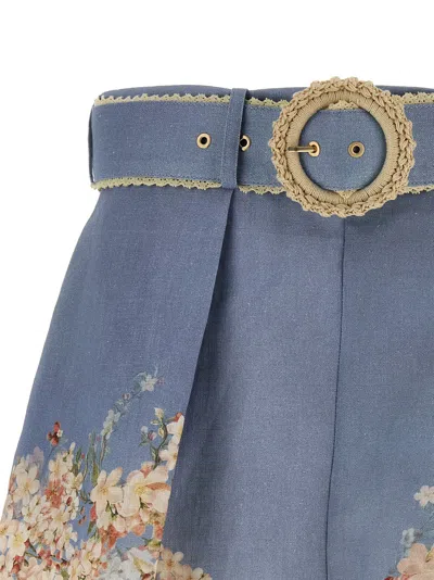 Zimmermann Teal Blue Botanical Floral Linen Cascadian Shorts In Blue