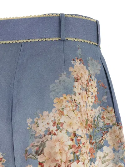 Zimmermann Teal Blue Botanical Floral Linen Cascadian Shorts In Blue