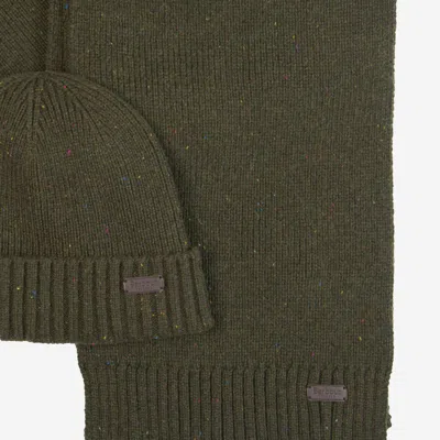 Barbour Mens Olive Carlton Fleck Wool-blend Beanie And Scarf Gift Set In Green