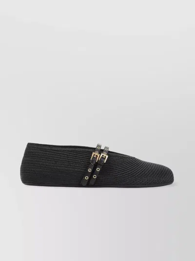 Alaïa Straw Ballerinas With Double Buckle Detail In Black