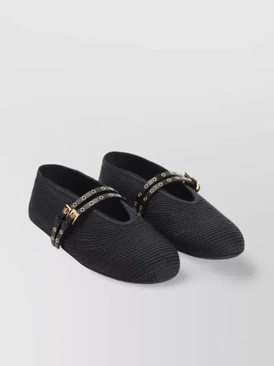 Alaïa Straw Ballerinas With Double Buckle Detail In Black
