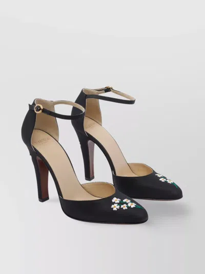 Valentino Floral Embroidered Round Toe Ankle Strap Pumps In Black