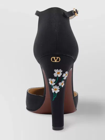 Valentino Floral Embroidered Round Toe Ankle Strap Pumps In Black