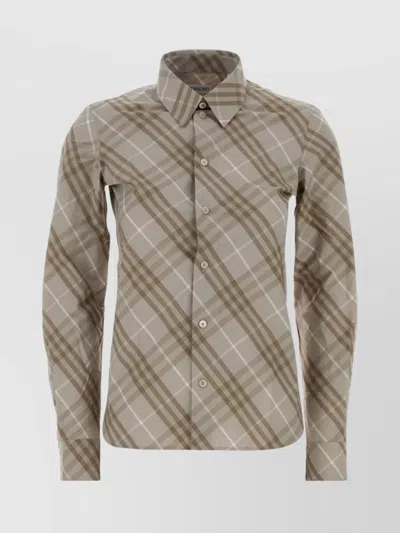 Burberry Women Beige Shirt With Pointed Collar And All-over Check Motif In Cotton Woman In Multi