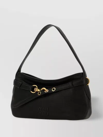 Miu Miu Adventure Leather Shoulder Bag With Detachable Strap In Black