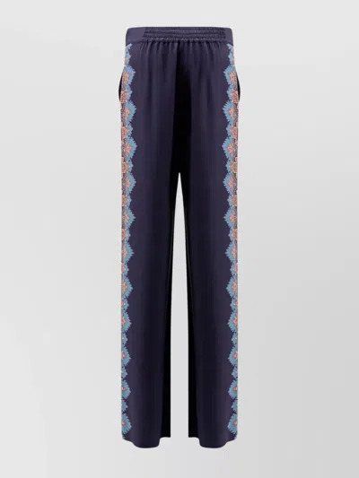 Etro Floral Print Silk Trousers In Blue