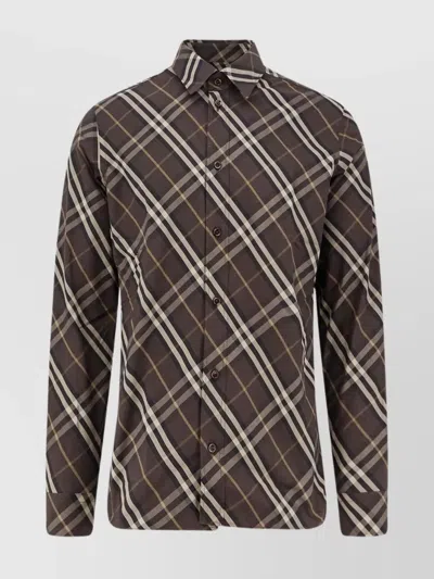 Burberry Long Sleeve Button-down Shirt With Plaid Design In Brown