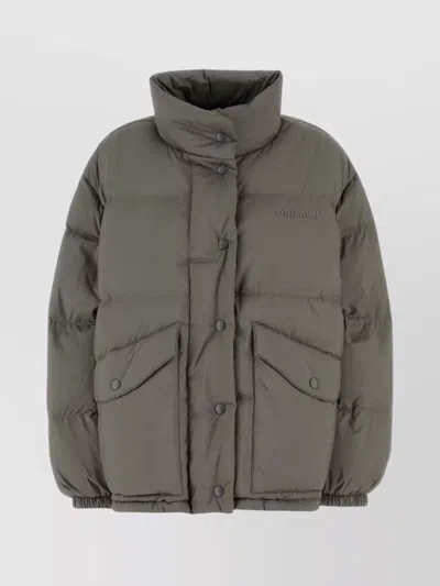 Miu Miu High Collar Polyester Down Jacket In Gray