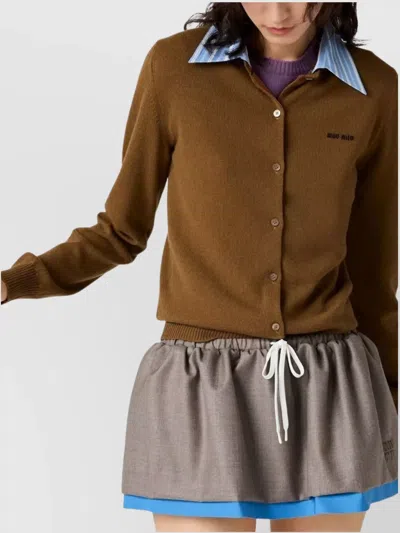 Miu Miu Cashmere Cardigan With Detachable Stripe Collar In Brown