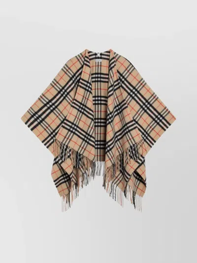 Burberry Wool And Cashmere Cape With Check Pattern In Black