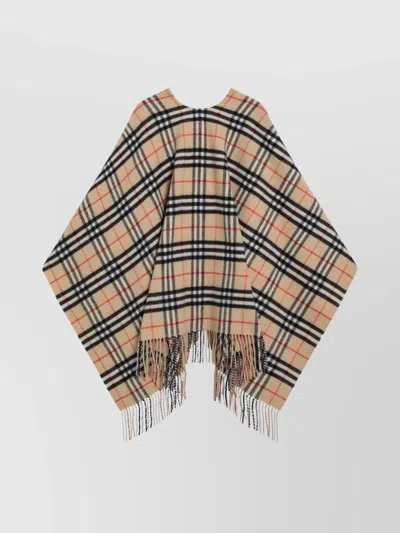 Burberry Wool And Cashmere Cape With Check Pattern In Black