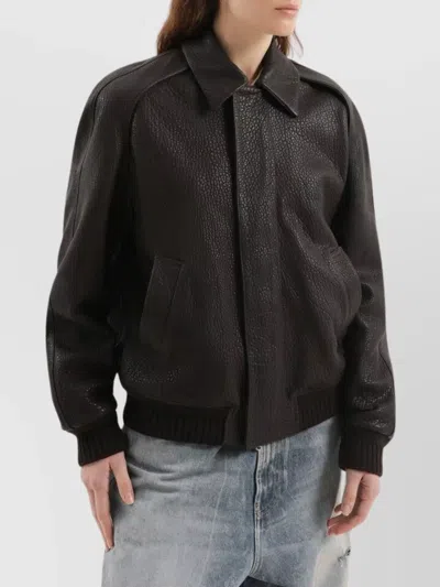 1989 Studio Leather Jacket Collar Front Pockets Ribbed Cuffs Textured Finish In Brown