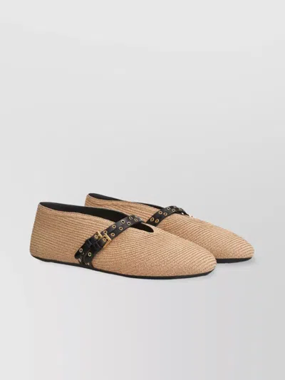 Alaïa Straw Ballerinas With Double Buckle Detail In Neutral