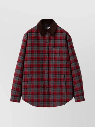 Miu Miu Plaid Coat With Corduroy Collar In Multi