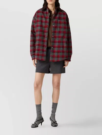 Miu Miu Plaid Coat With Corduroy Collar In Multi