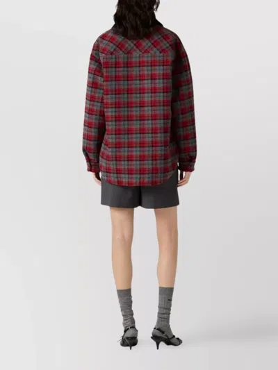 Miu Miu Plaid Coat With Corduroy Collar In Multi