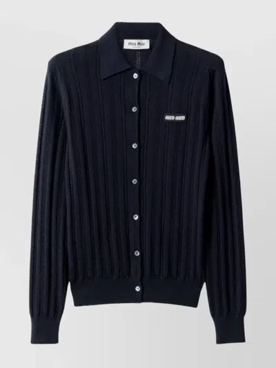 Miu Miu Openwork Cashmere Knitwear With Ribbed Cuffs And Hem In Blue