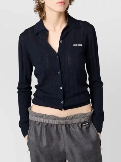 Miu Miu Openwork Cashmere Knitwear With Ribbed Cuffs And Hem In Blue