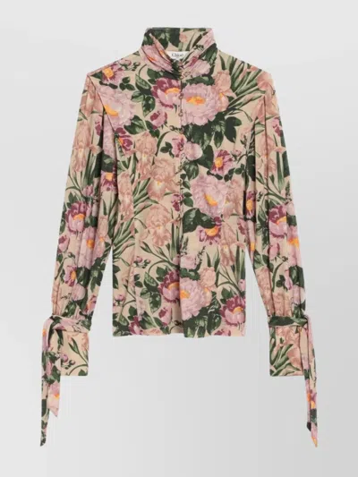 Chloé Turtleneck Jersey Wool Sweater With Floral Print In Pink