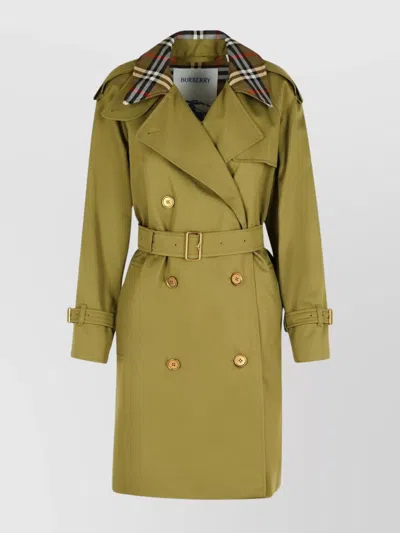Burberry Castleford Check-collar Belted Double-breasted Trench Coat In Green
