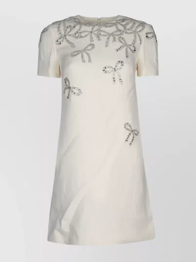 Valentino Embellished Round Neckline Short Sleeves Dress In Neutral